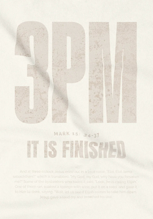 3PM--It Is Finished Bone Tee. |close up