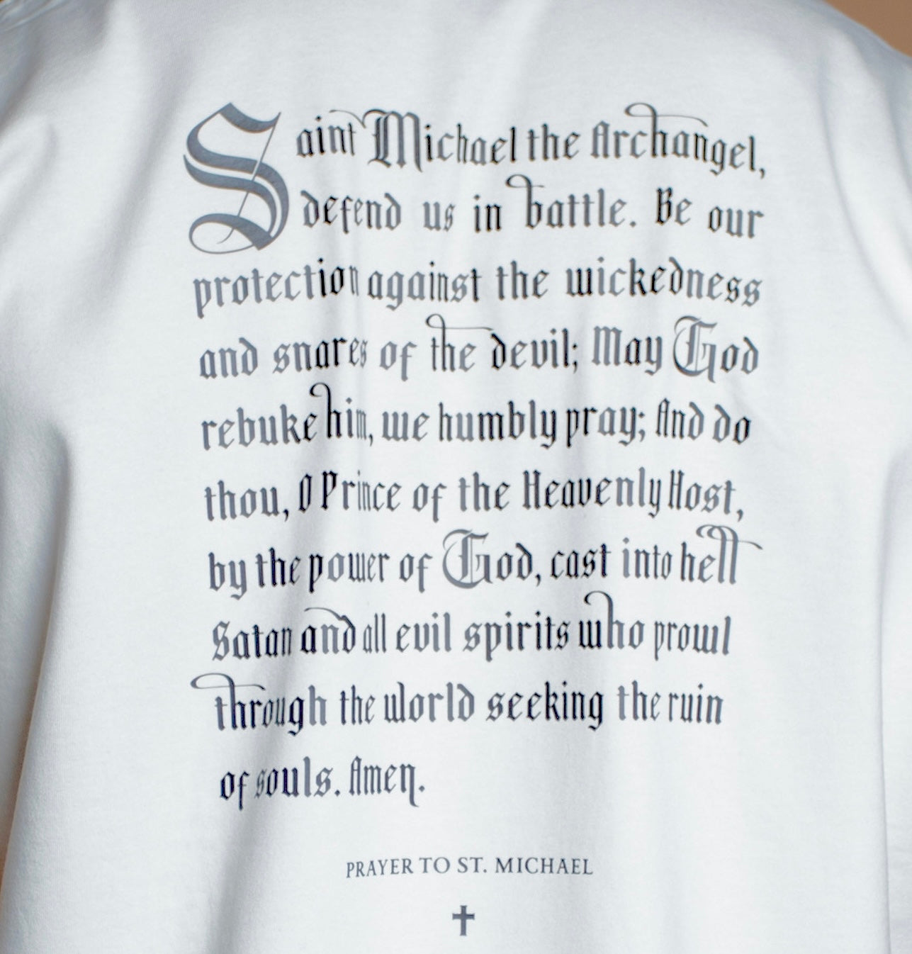 Saint Michael Defend Us In Battle Prayer Heavy Weight T-Shirt | 30 Pieces of Silver Catholic Apparel-Bone