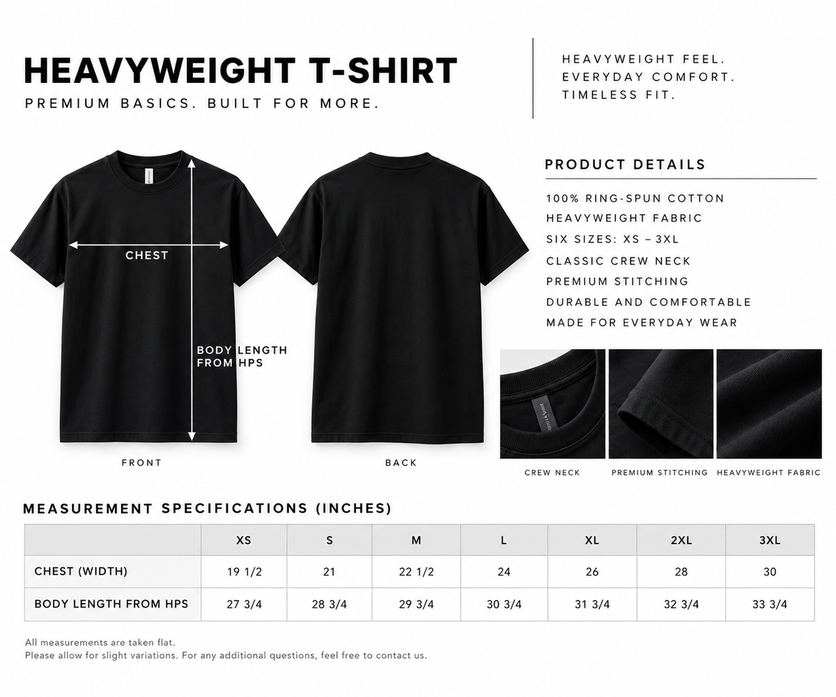 A product information graphic for a heavyweight crewneck T-shirt. It shows front and back views of a black T-shirt with labeled chest and body length measurements, a measurement specification table for sizes XS through 3XL, and a small photo of a crew neck detail.