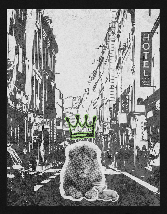 Detailed Lion & Lamb graphic featuring crowned lion in city on black tank top