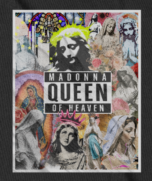 NEW Madonna Queen of Heaven Poster Heavy Weight Tee | Divine Collage Collection | 30 Pieces of Silver Catholic Apparel-Black - 30 Pcs of Silver