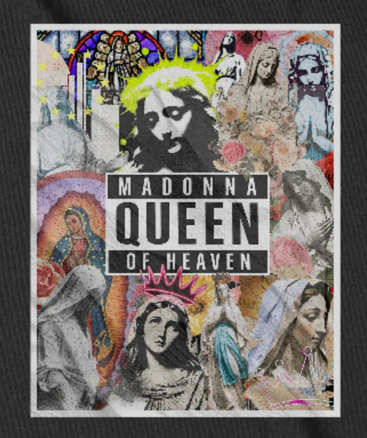 NEW Madonna Queen of Heaven Poster Heavy Weight Tee | Divine Collage Collection | 30 Pieces of Silver Catholic Apparel-Black - 30 Pcs of Silver