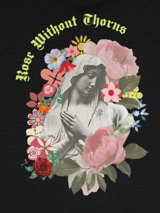 Rose Without Thorns- Heavyweight Tee | Divine Collage Collection | 30 Pieces of Silver Catholic Apparel - Tan - 30 Pcs of Silver