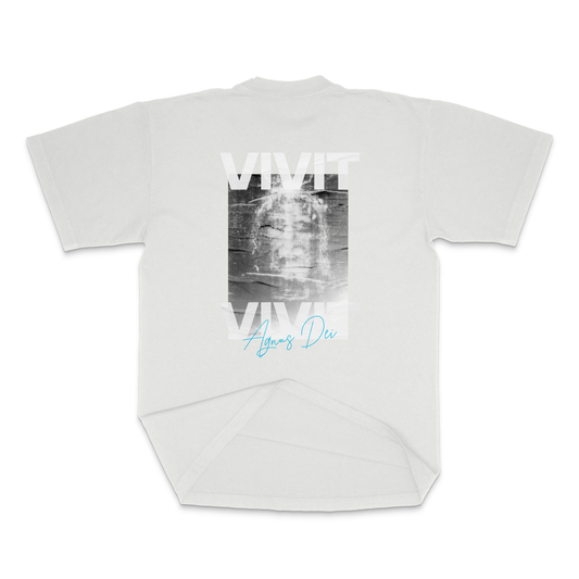 Vivit Jesus shroud of Turin on back of white unisex heavy-weight Catholic 
T-shirt