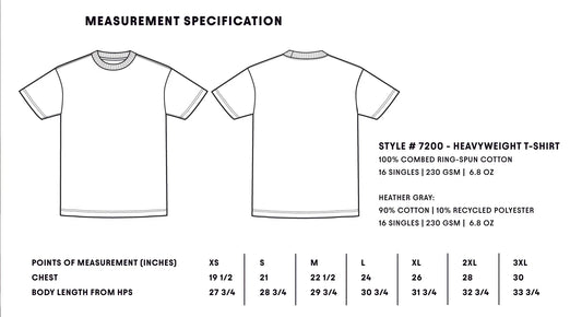 Catholic brand 30pcs size chart for heavy weight next level 7200 tshirt