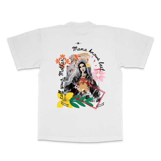Catholic Mama knows best Mother Mary on back of white  heavy-weight unisex tshirt