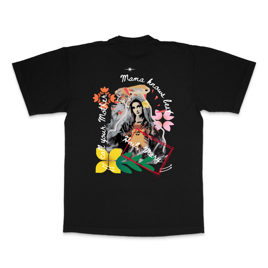 Catholic Mama knows best Mother Mary on back of black heavy-weight unisex t-shirt