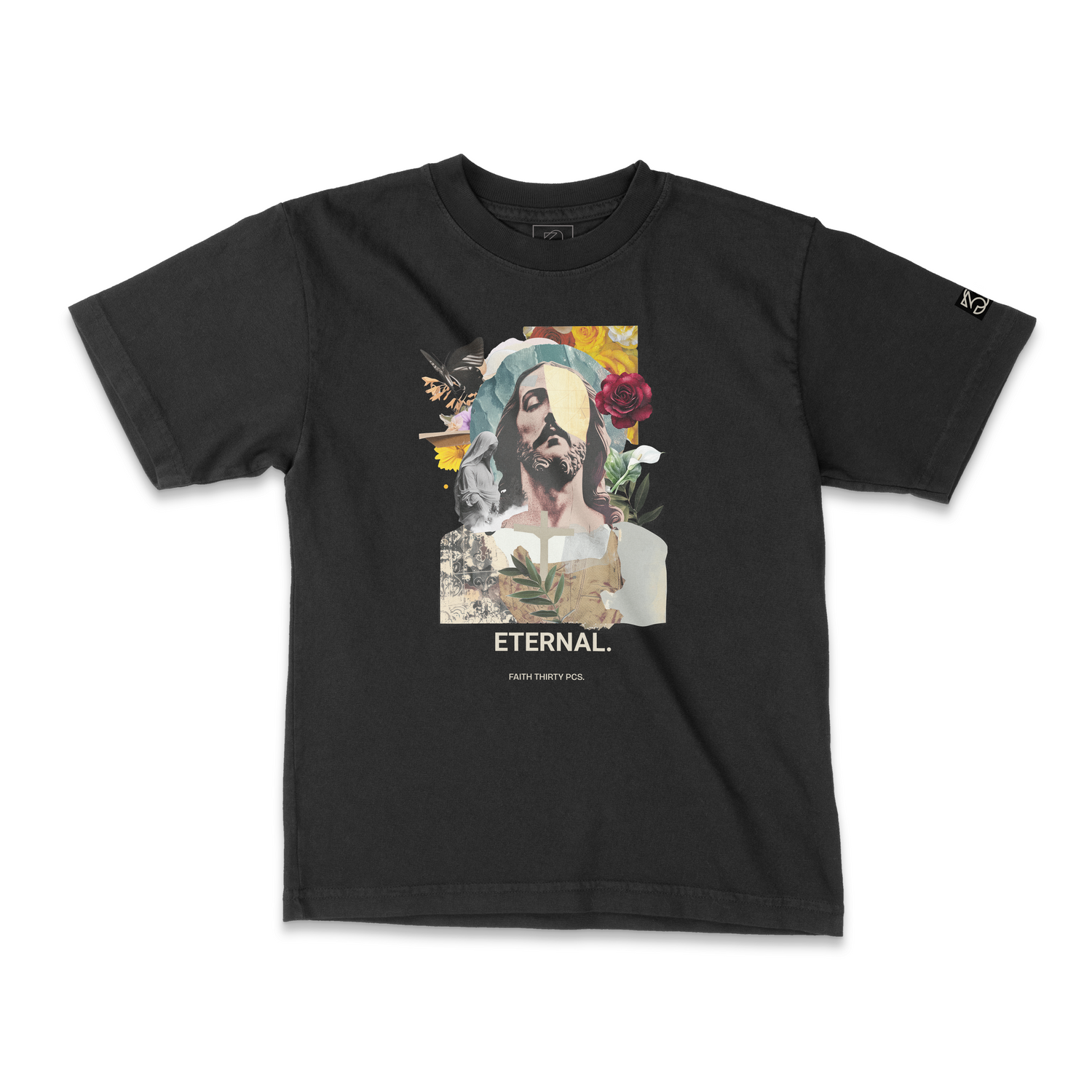 Jesus collage on front of black heavyweight tee