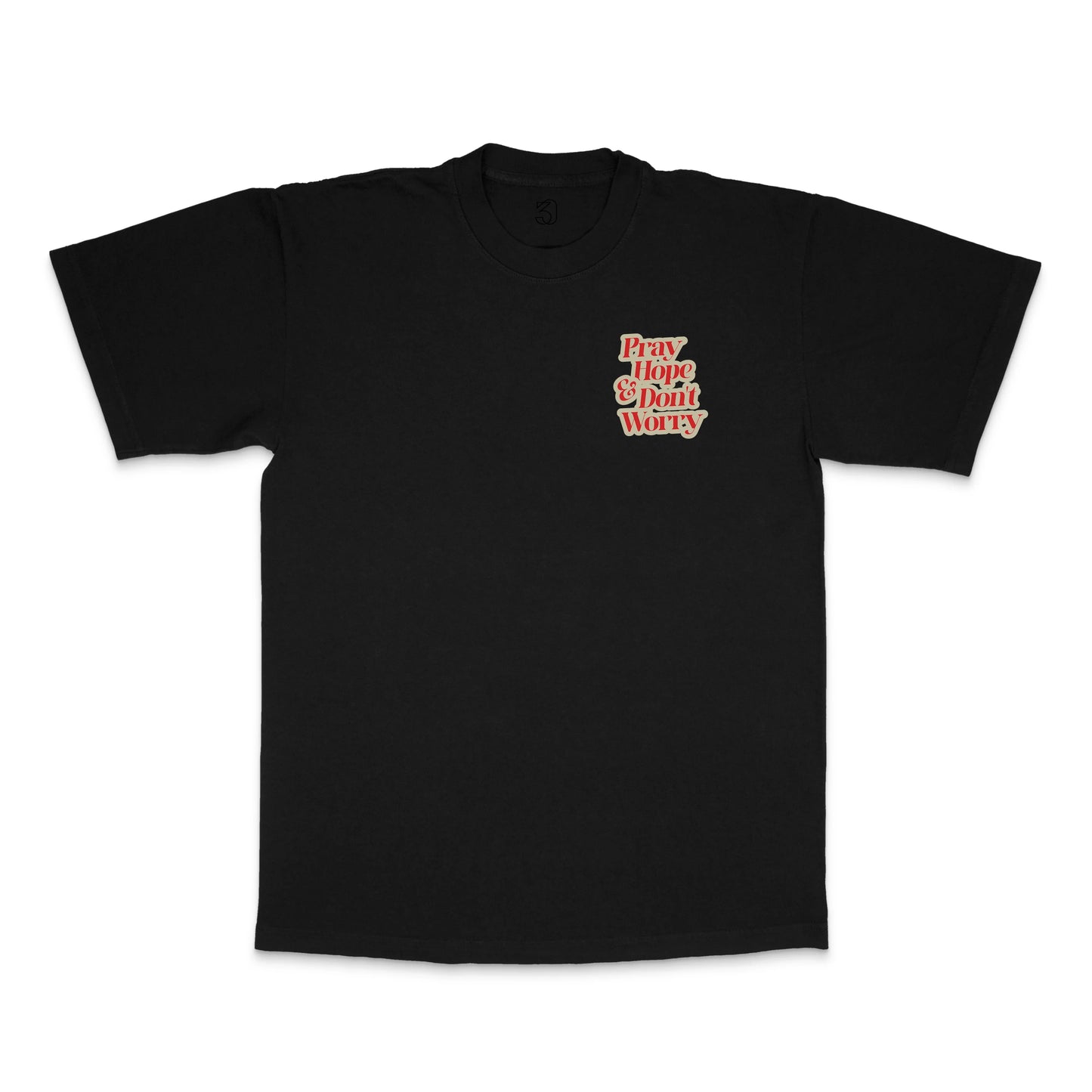 Black Padre Pio ‘Pray, Hope, Don’t Worry’ Catholic t‑shirt laid flat., front view