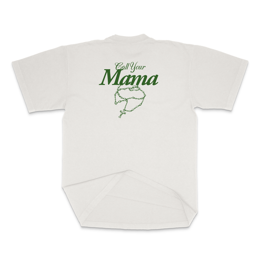 White t-shirt with 'Call Your Mama' text and graphic on a white background Back View