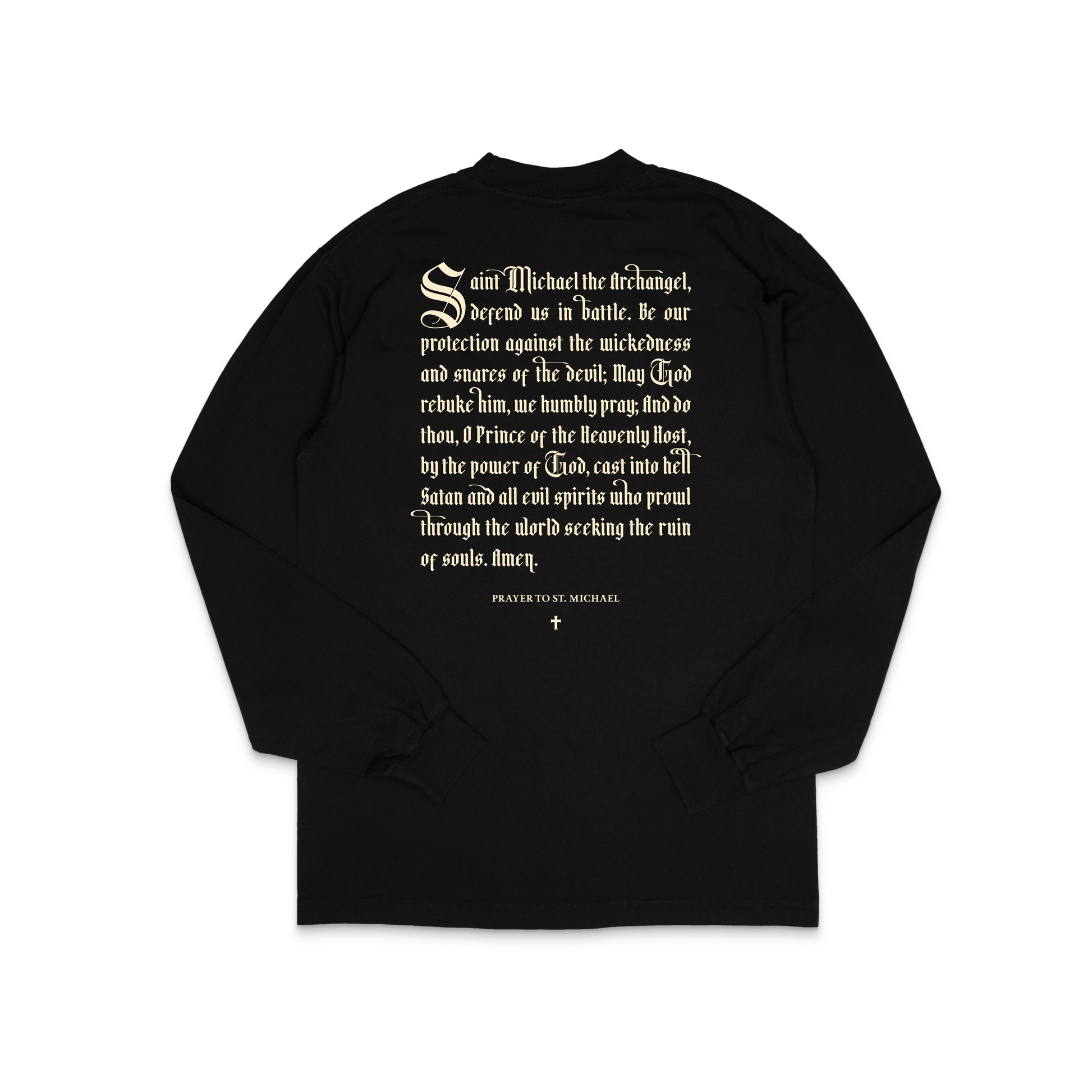 Catholic St. Michael defend us in battle graphic long sleeve tee Black back view