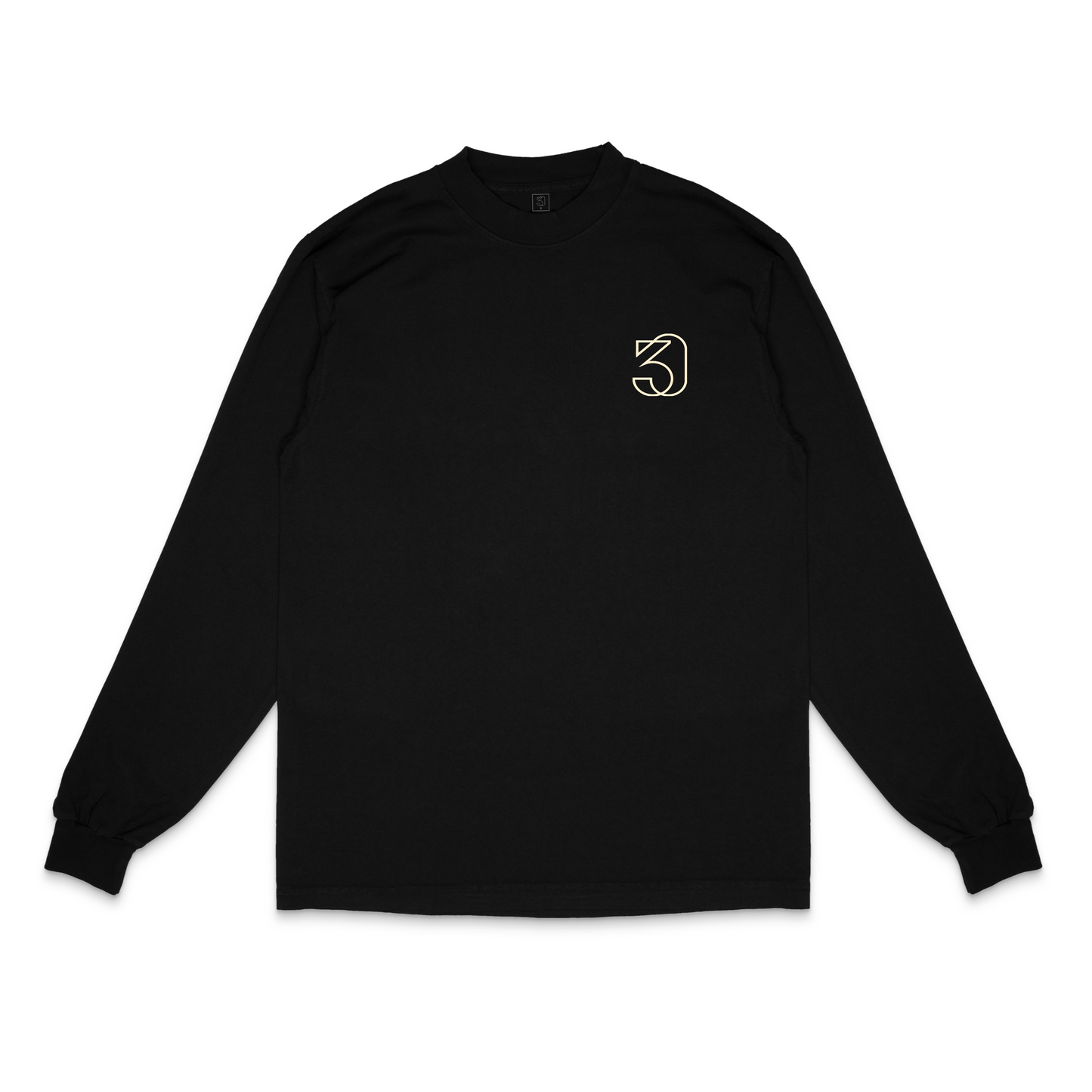 Black long-sleeve shirt with a Catholic brand 30 pcs of silver logo on the chest against a white background