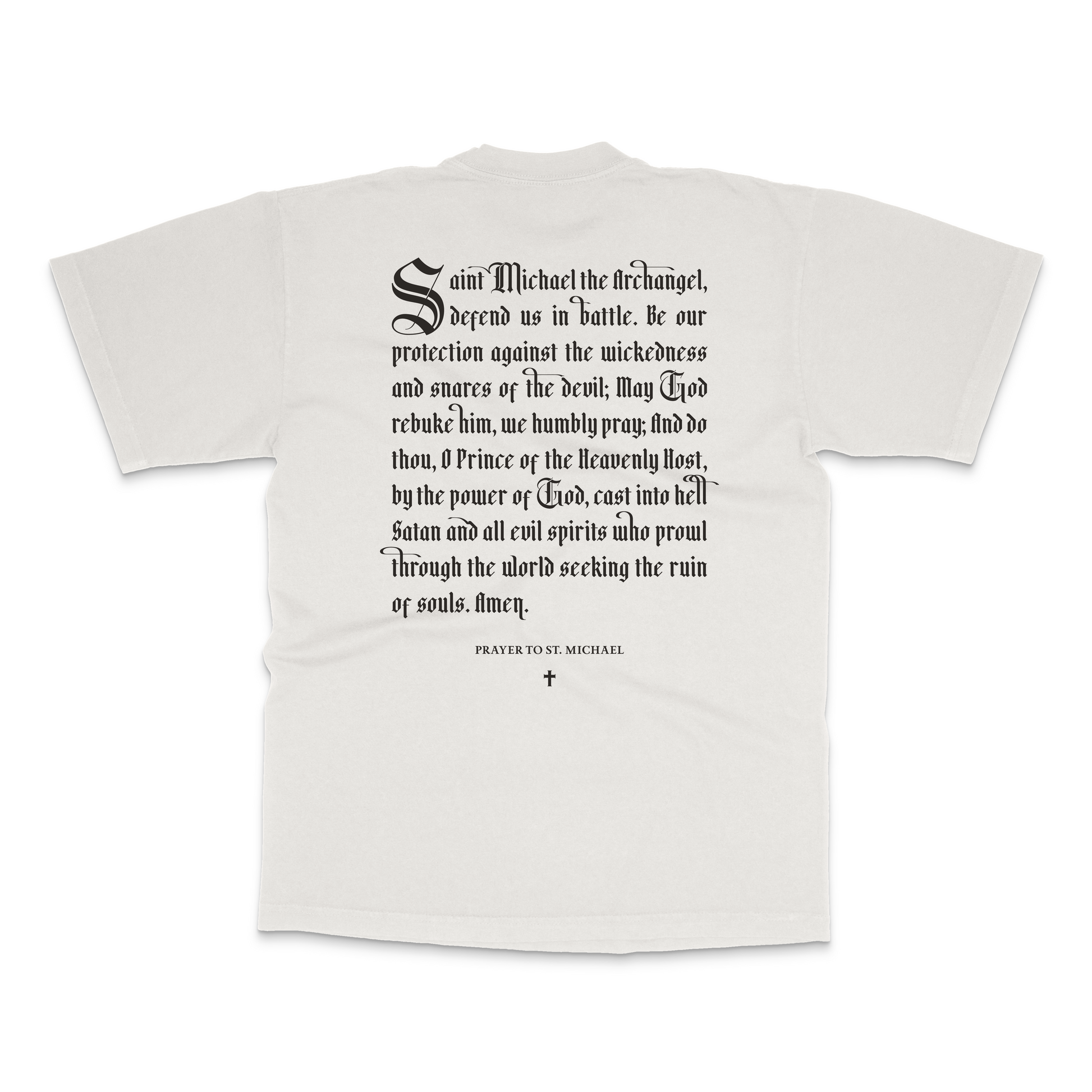 Catholic St. Michael defend us in battle graphic tee back view