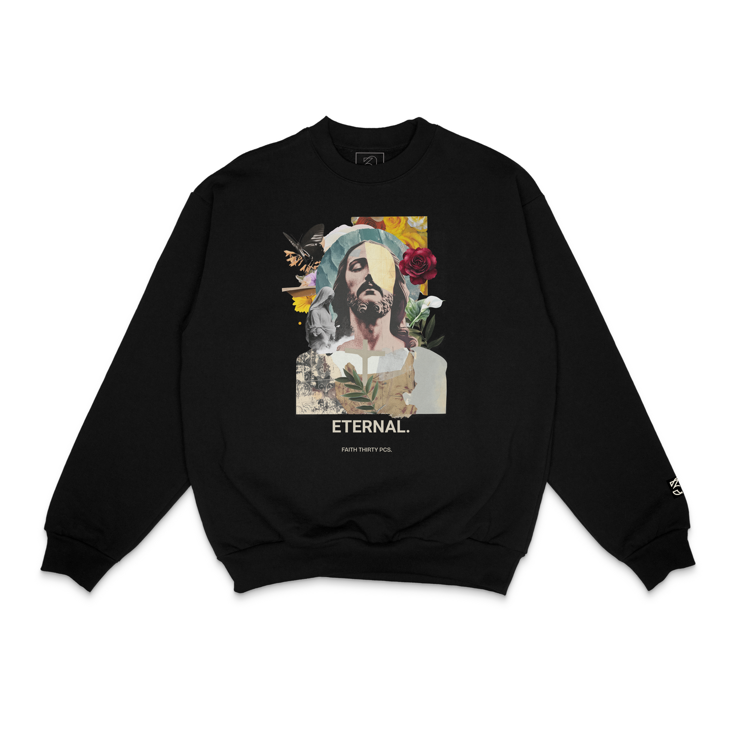 NEW Eternal- Heavyweight Crewneck | Divine Collage Collection | 30 Pieces of Silver Catholic Apparel Black
