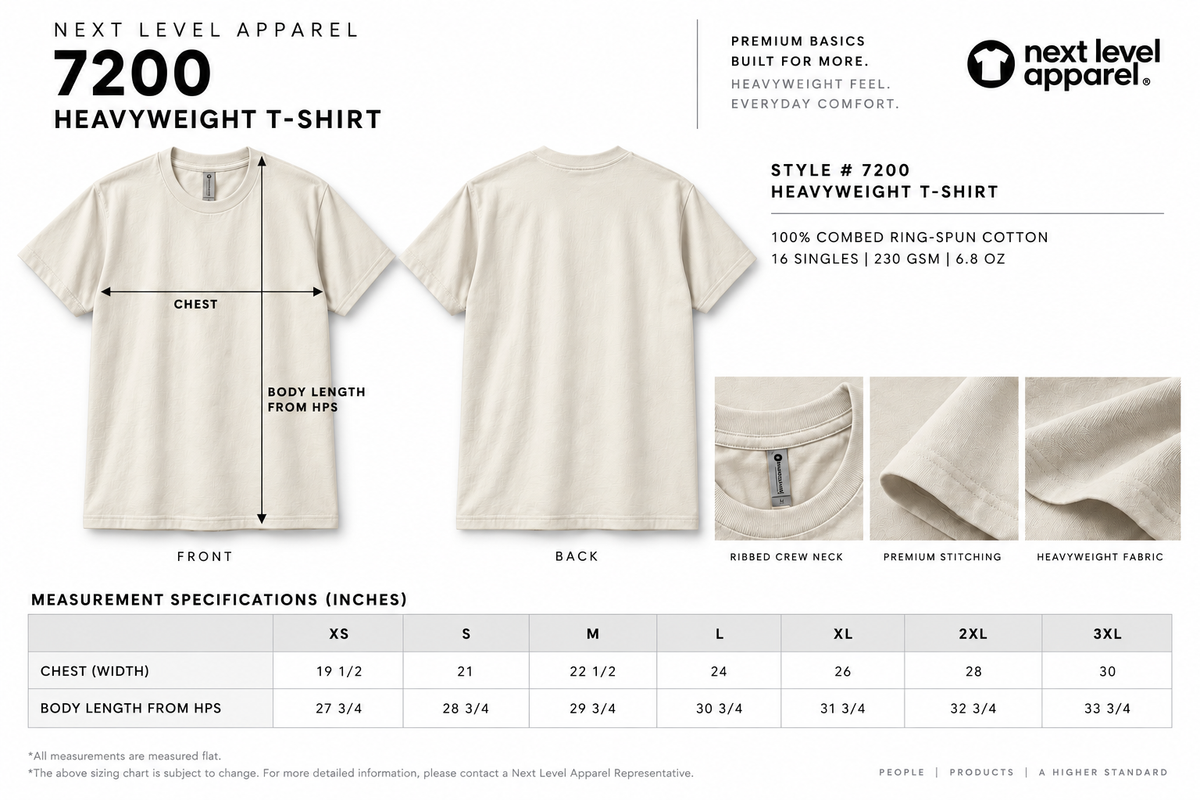 A product information graphic for the Next Level Apparel 7200 Heavyweight T-Shirt. The graphic features a light beige/cream t-shirt showing front and back views with dimension lines indicating chest and body length from NPS.