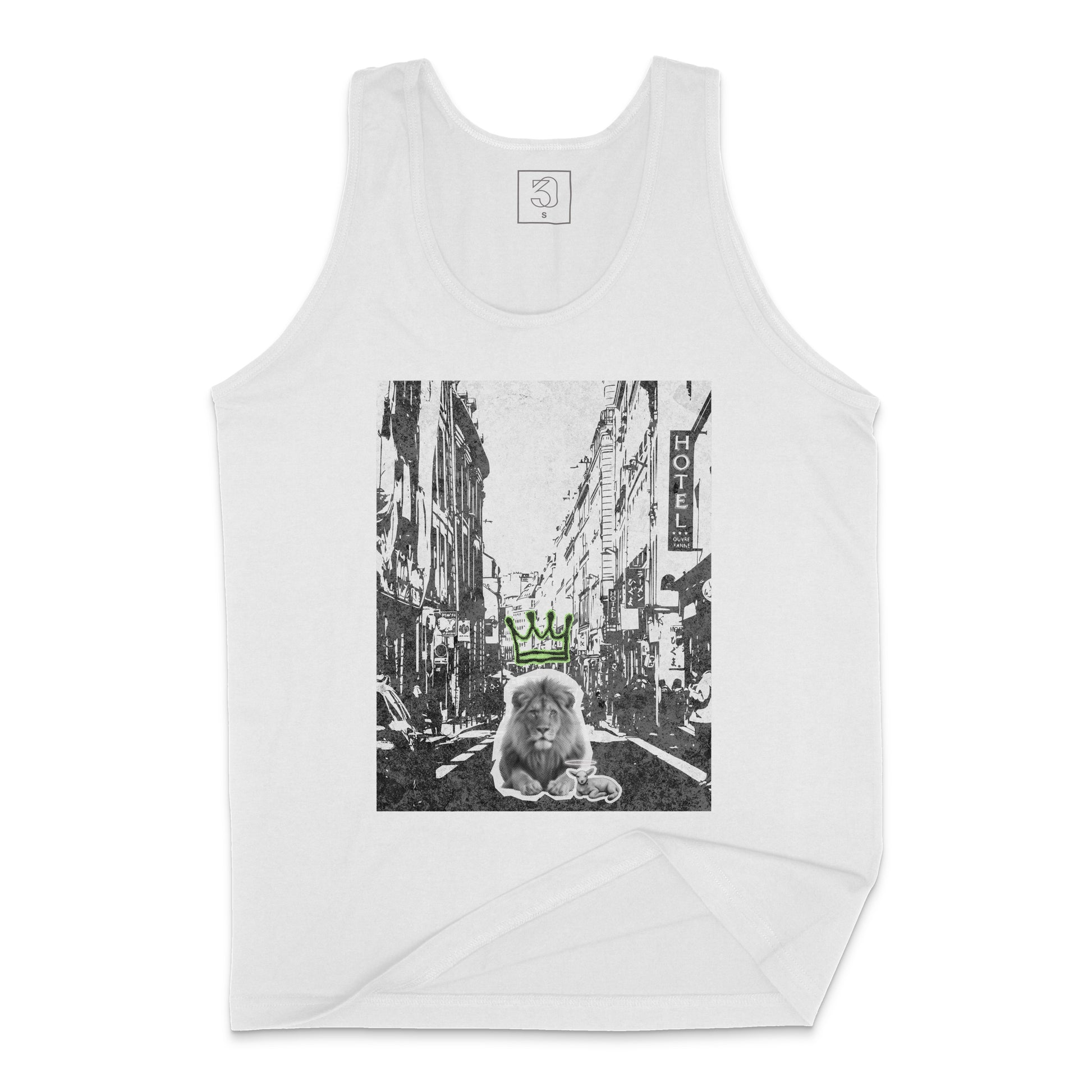 White Lion & Lamb Christian streetwear tank with crowned lion city graphic