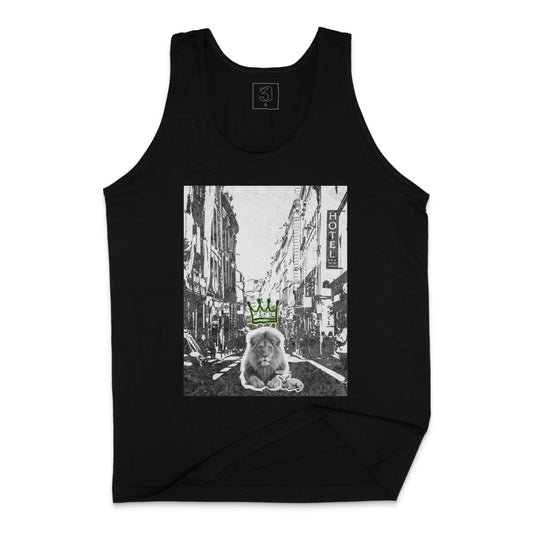 Black heavyweight tank with Lion & Lamb crowned lion city graphic Christian streetwear
