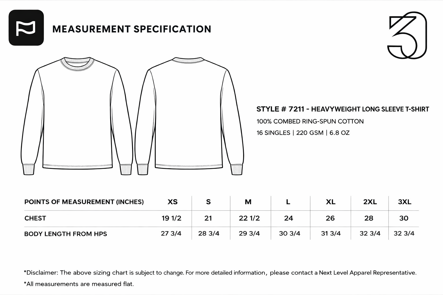 Measurement specification chart for a heavyweight long sleeve t-shirt with size chart and details.
