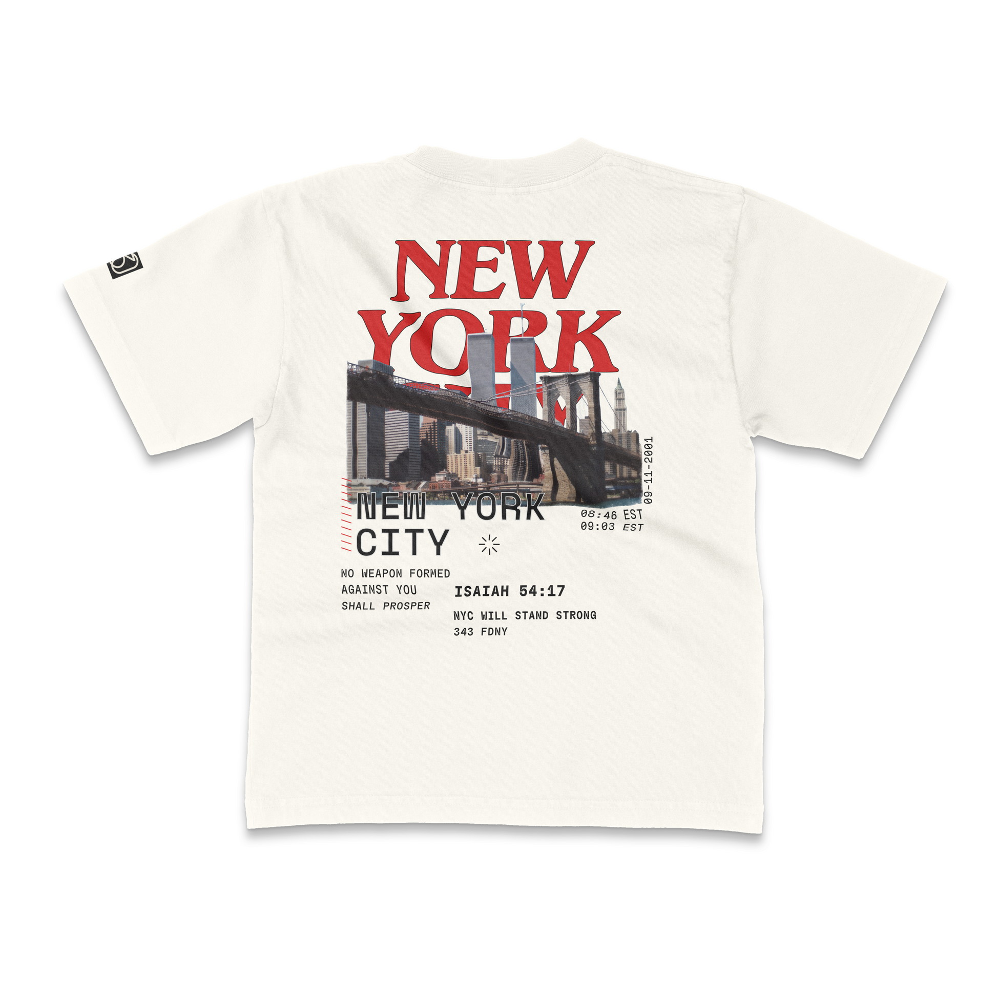 White t-shirt with 'New York City' 9-11 tribute graphic and text on a white background. 