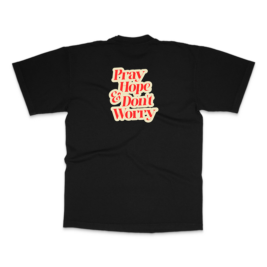 Black Padre Pio ‘Pray, Hope, Don’t Worry’ Catholic t‑shirt laid flat.” back view