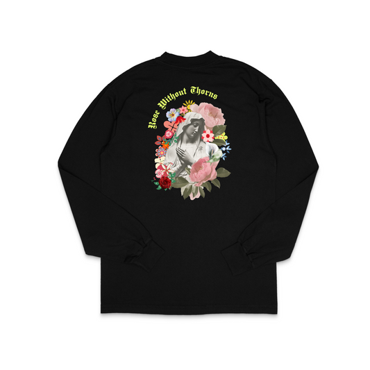 Rose Without Thorns- Heavyweight Long-Sleeve T-Shirt | 30 Pieces of Silver Catholic Apparel Black