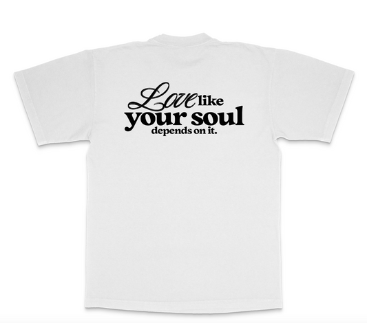 Love like your soul depends on it on back of heavyweight white Christian catholic unisex tshirt 