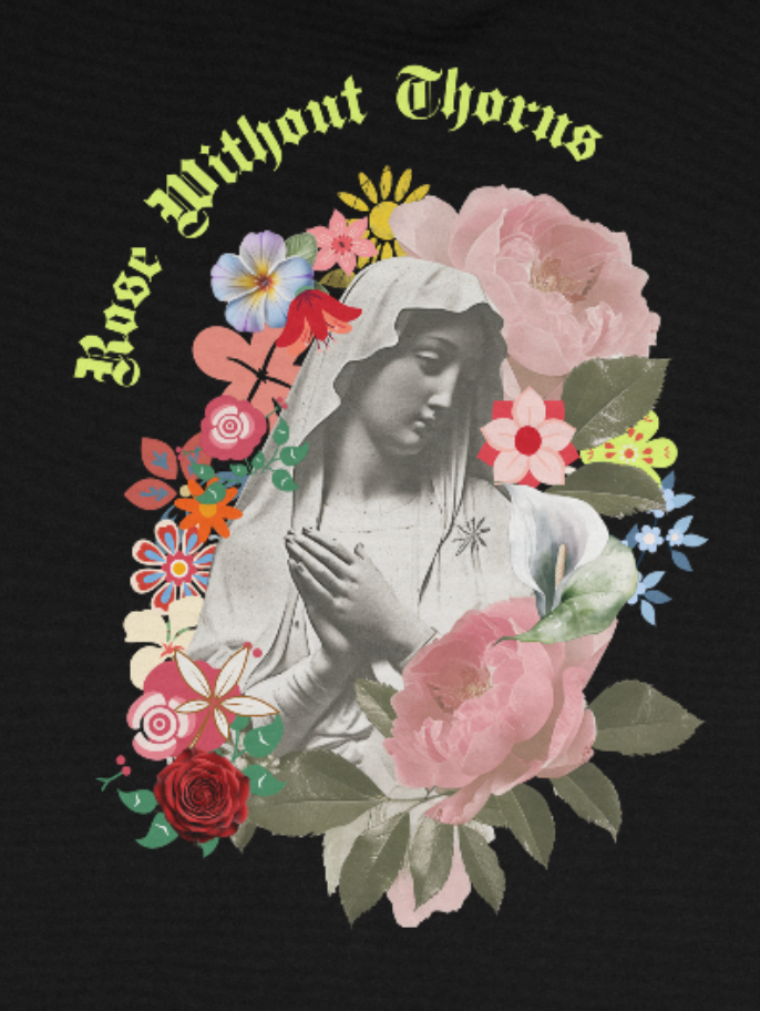Rose Without Thorns- Heavyweight Tee | Divine Collage Collection | 30 Pieces of Silver Catholic Apparel - Tan - 30 Pcs of Silver 