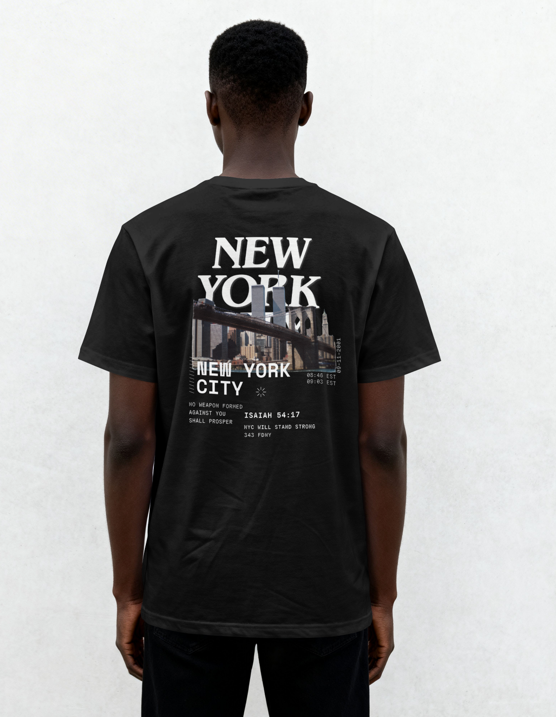 NewYork 9-11 tribute black tshirt On model back view