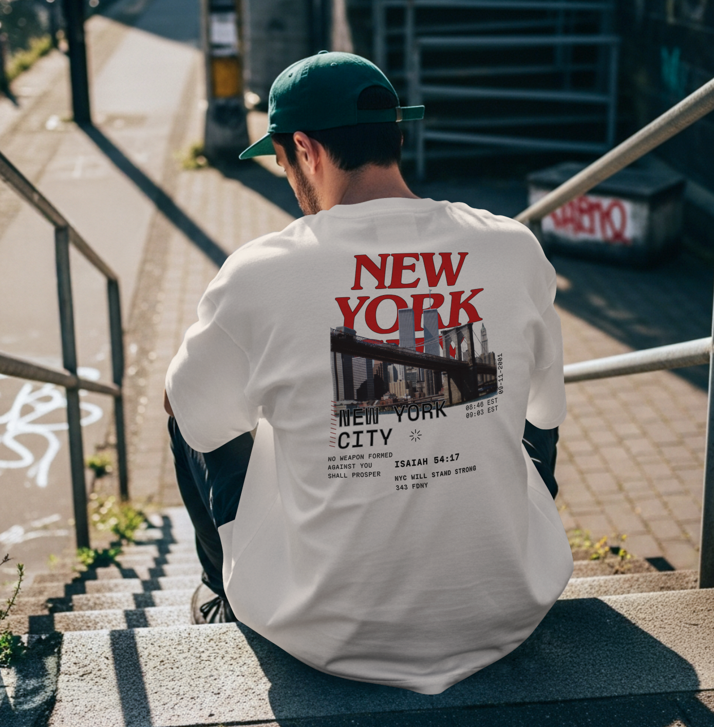 911 tribute T-shirt back view on a model