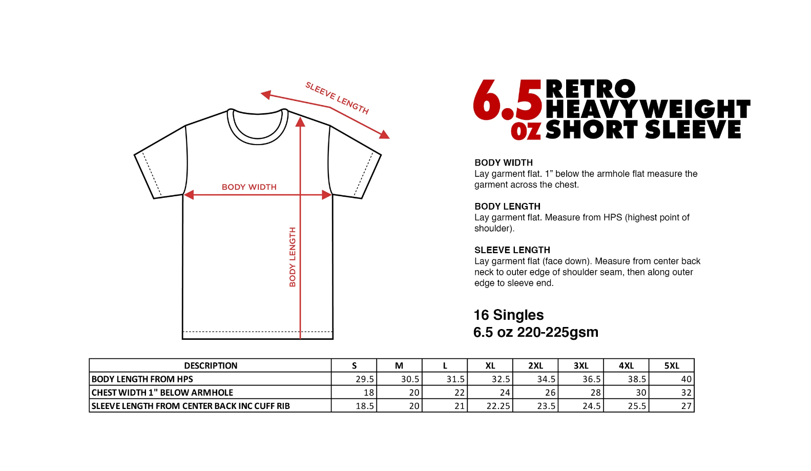 Size chart for 6.5 heavyweight 30pcs LA apparel tee