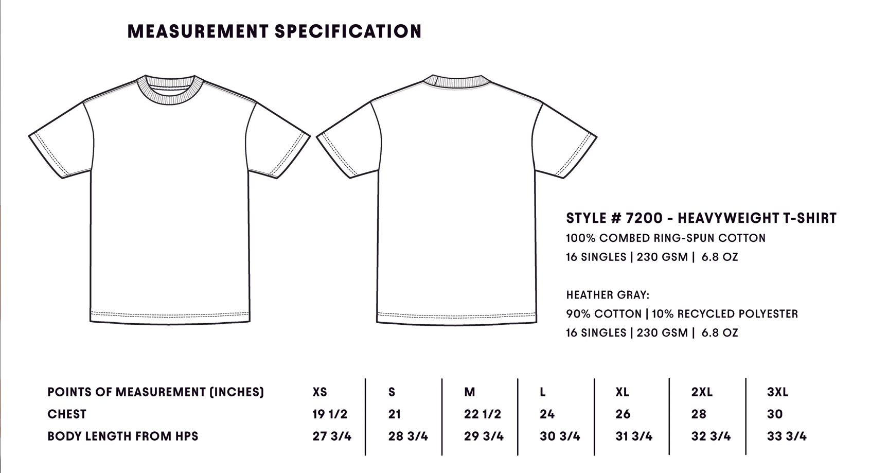 Catholic brand 30pcs size chart for heavy weight next level 7200 tshirt