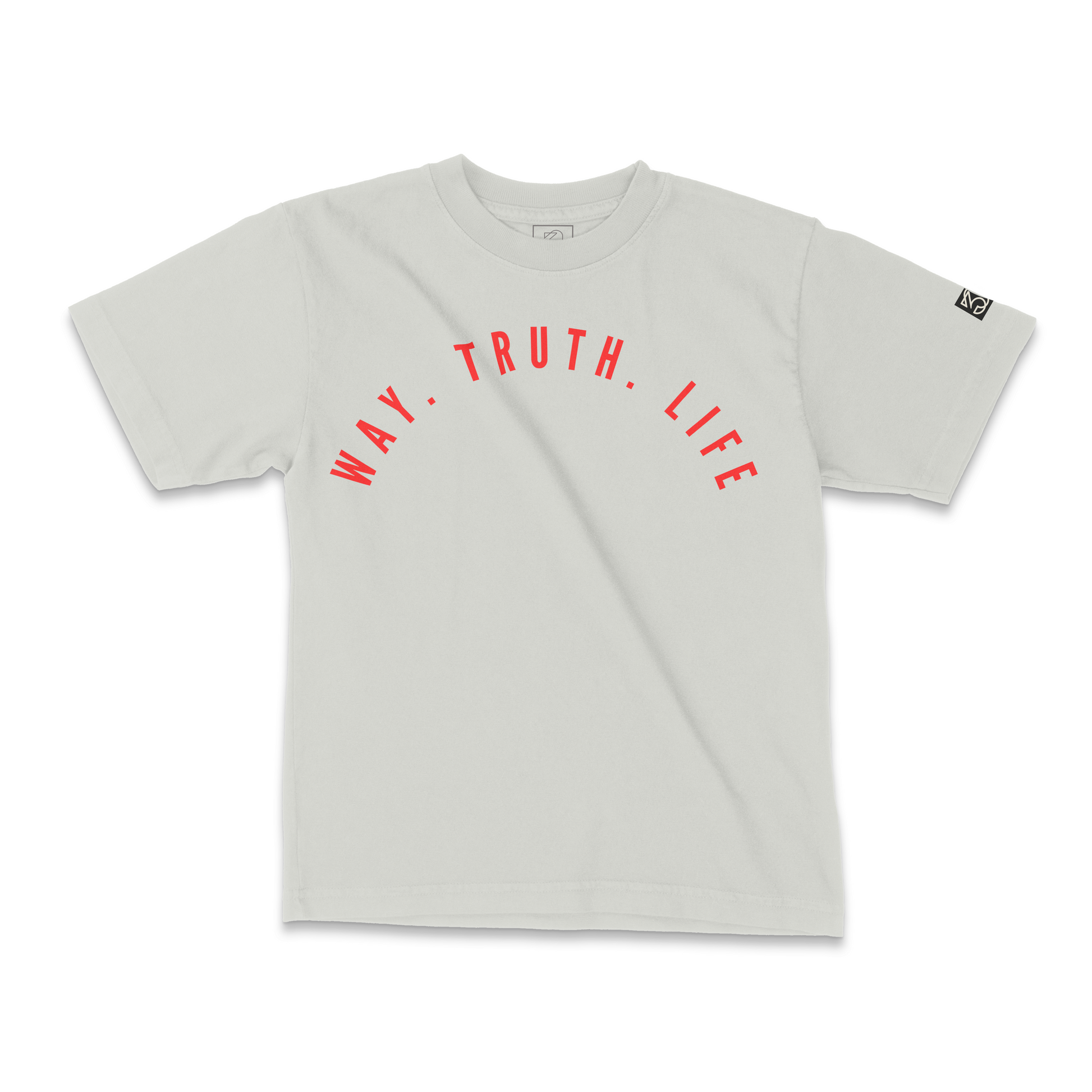 Way Truth Life written in red on a Heavyweight bone Tee | 30 PCS. Of silver flat lay 